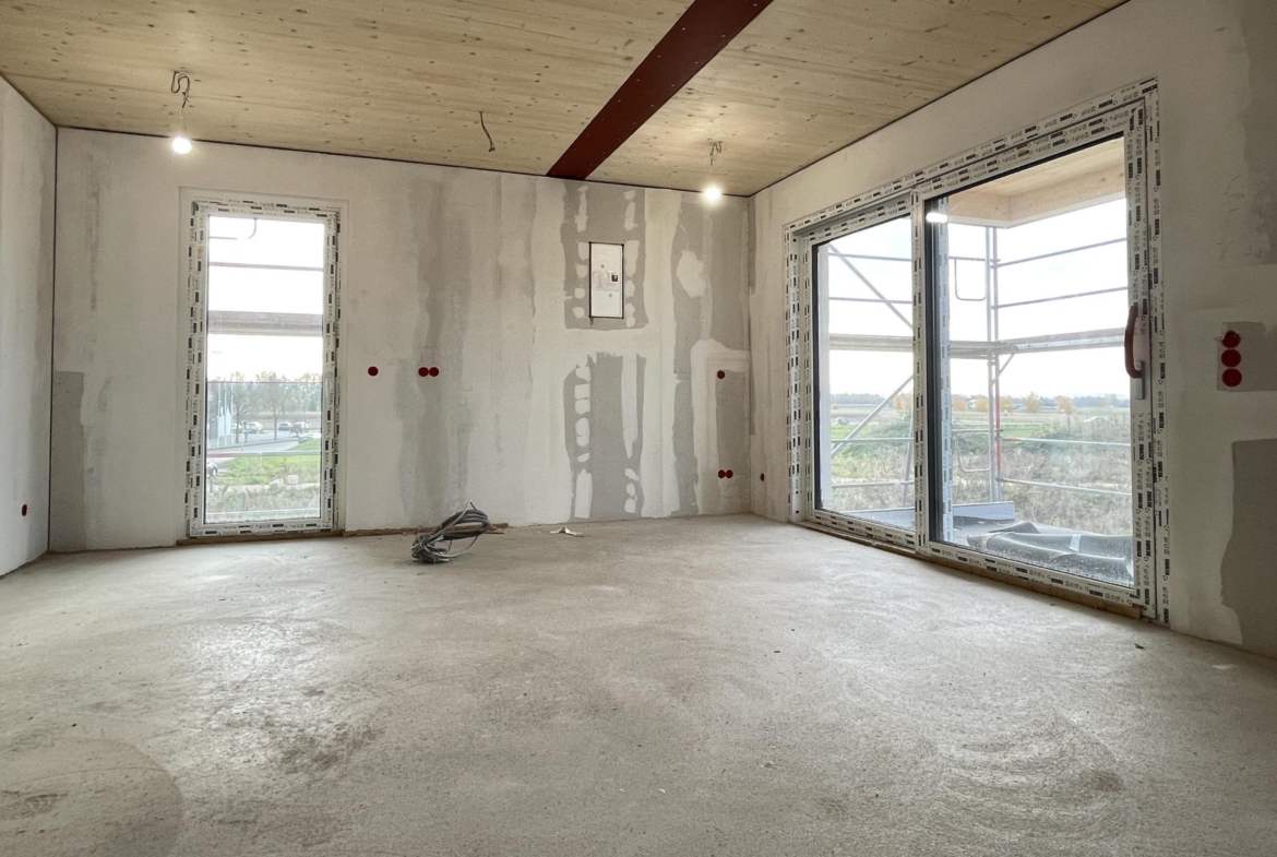 offene Küche mit Essen / Wohnen und Balkon